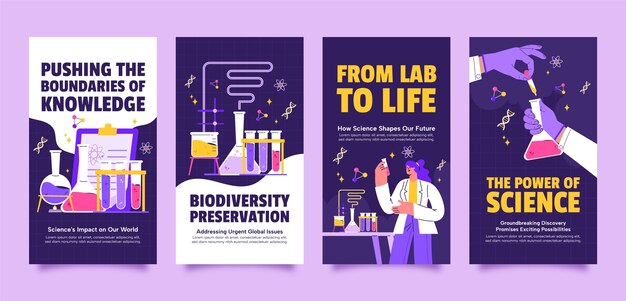 Vector gratuito colección plana de historias de instagram para ciencia y experimentos.