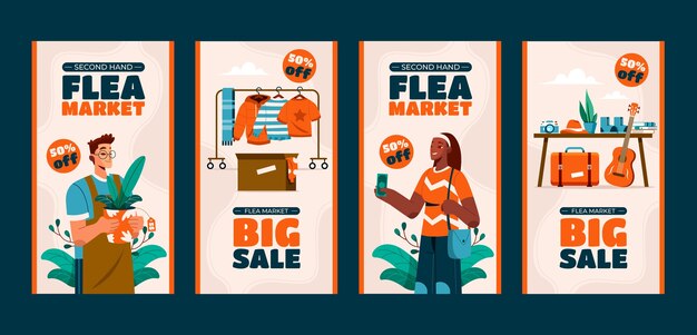 Colección plana de historias de instagram de compras en el mercado de pulgas