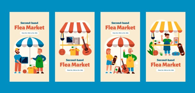 Colección plana de historias de instagram de compras en el mercado de pulgas