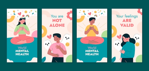 Colección plana de historias de instagram para la concientización sobre el día mundial de la salud mental