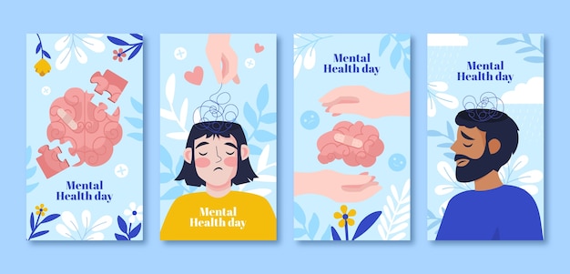 Vector gratuito colección plana de historias de instagram para la concientización sobre el día mundial de la salud mental