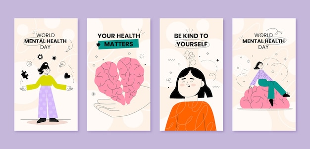 Vector gratuito colección plana de historias de instagram para la concientización sobre el día mundial de la salud mental