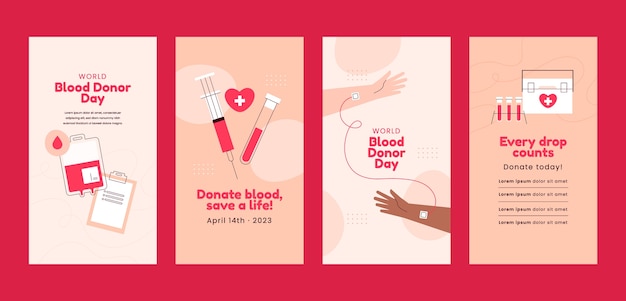 Vector gratuito colección plana de historias de instagram para concientizar sobre el día mundial del donante de sangre