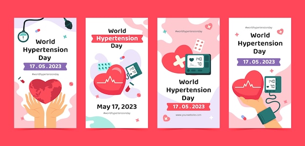 Vector gratuito colección plana de historias de instagram para concientizar sobre el día mundial de la hipertensión