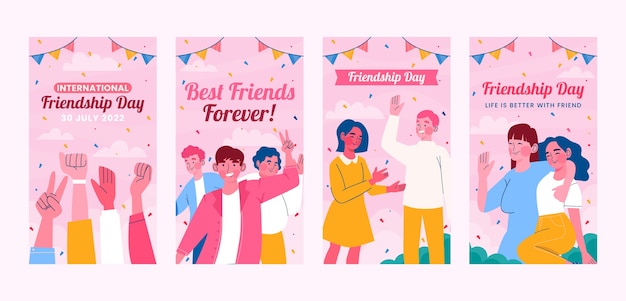 Vector gratuito colección plana de historias de instagram del día de la amistad