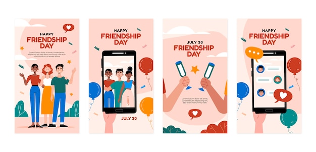 Vector gratuito colección plana de historias de instagram del día de la amistad