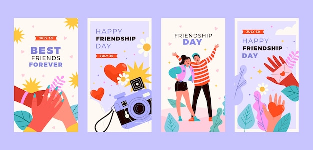 Vector gratuito colección plana de historias de instagram del día de la amistad