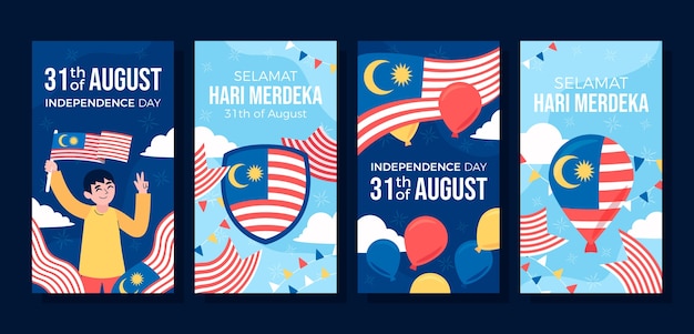 Vector gratuito colección plana de historias de instagram para el día de la independencia de malasia