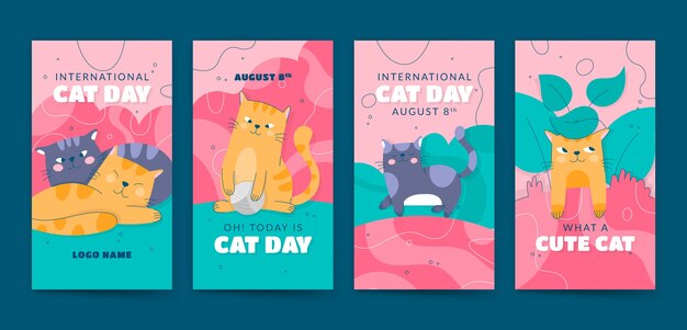 Colección plana de historias de instagram del día internacional del gato