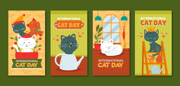 Vector gratuito colección plana de historias de instagram del día internacional del gato