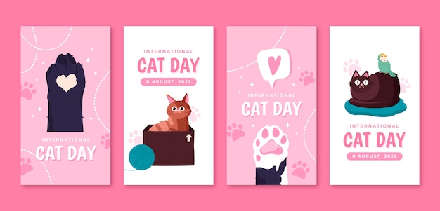 Vector gratuito colección plana de historias de instagram del día internacional del gato