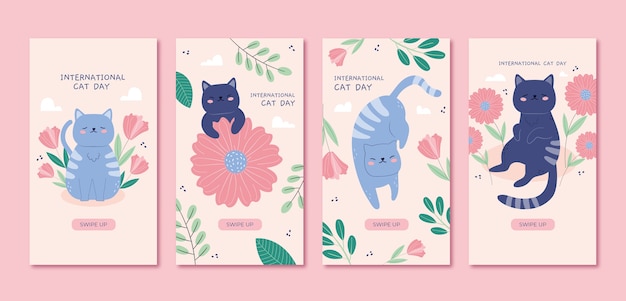 Colección plana de historias de instagram del día internacional del gato