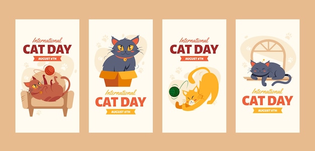 Colección plana de historias de instagram del día internacional del gato