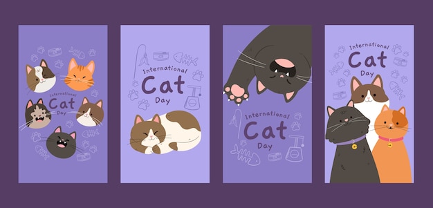 Vector gratuito colección plana de historias de instagram del día internacional del gato