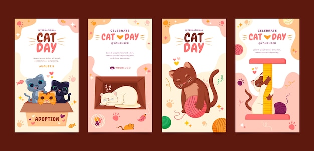 Vector gratuito colección plana de historias de instagram del día internacional del gato