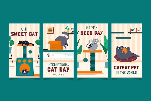 Vector gratuito colección plana de historias de instagram del día internacional del gato