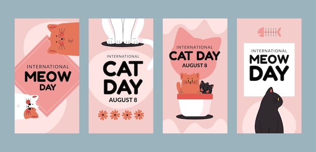 Vector gratuito colección plana de historias de instagram del día internacional del gato