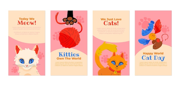 Vector gratuito colección plana de historias de instagram del día internacional del gato