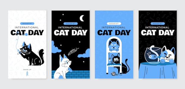 Vector gratuito colección plana de historias de instagram del día internacional del gato