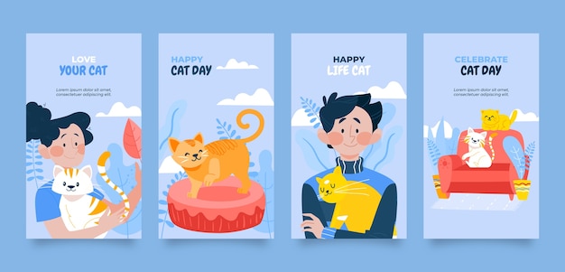 Vector gratuito colección plana de historias de instagram del día internacional del gato