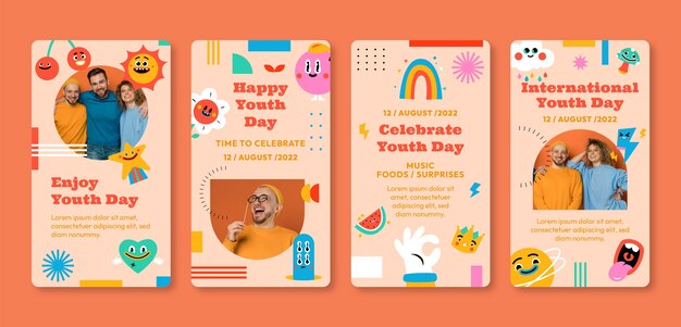 Colección plana de historias de instagram del día internacional de la juventud