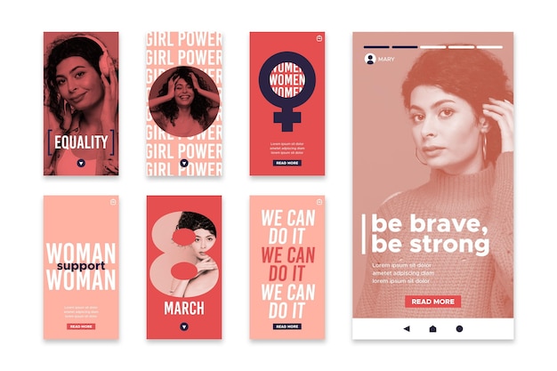 Vector gratuito colección plana de historias de instagram del día internacional de la mujer
