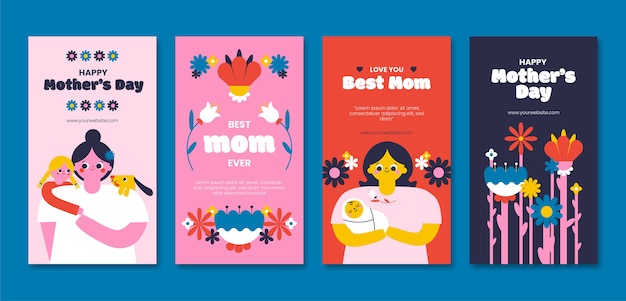 Vector gratuito colección plana de historias de instagram del día de la madre