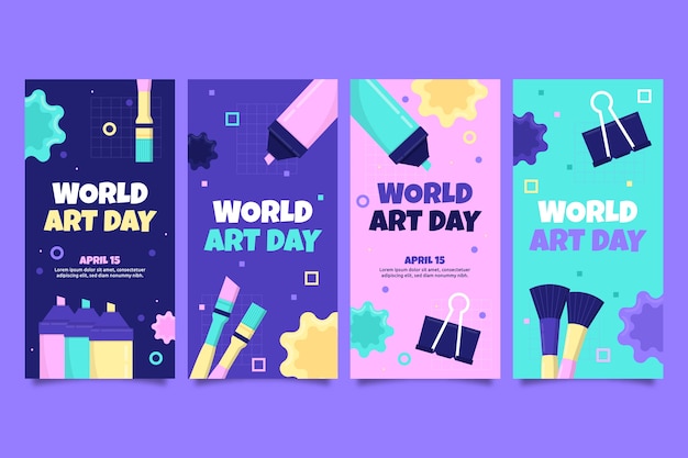 Vector gratuito colección plana de historias de instagram del día mundial del arte