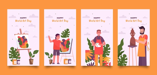 Vector gratuito colección plana de historias de instagram del día mundial del arte