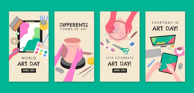 Vector gratuito colección plana de historias de instagram del día mundial del arte