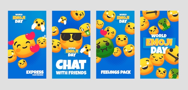 Vector gratuito colección plana de historias de instagram del día mundial del emoji con emoticonos