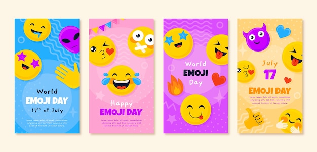 Colección plana de historias de instagram del día mundial del emoji con emoticonos