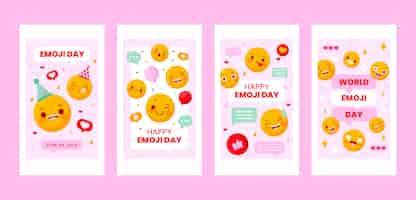 Vector gratuito colección plana de historias de instagram del día mundial del emoji con emoticonos