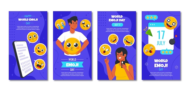 Vector gratuito colección plana de historias de instagram del día mundial del emoji con emoticonos