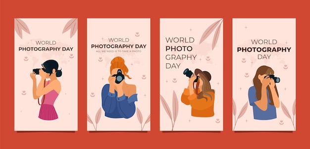 Colección plana de historias de instagram del día mundial de la fotografía