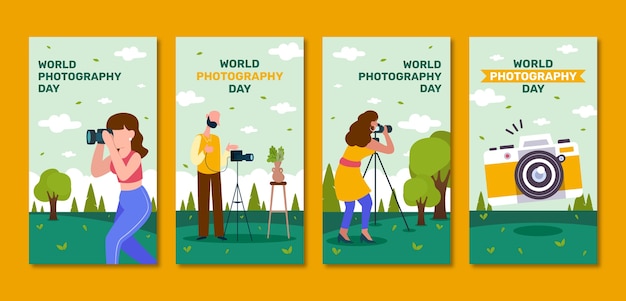 Vector gratuito colección plana de historias de instagram del día mundial de la fotografía