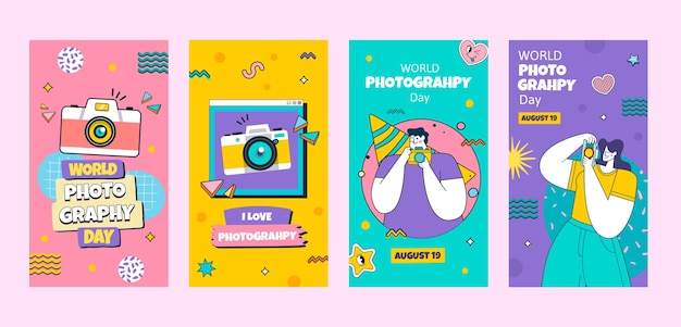 Colección plana de historias de instagram del día mundial de la fotografía