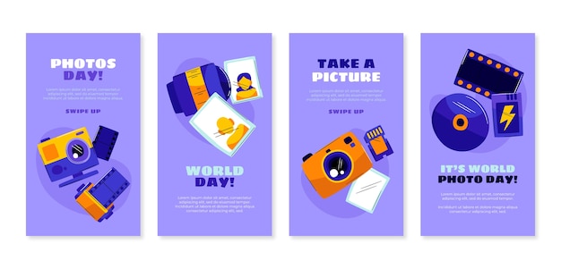 Vector gratuito colección plana de historias de instagram del día mundial de la fotografía