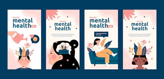 Vector gratuito colección plana de historias de instagram del día mundial de la salud mental