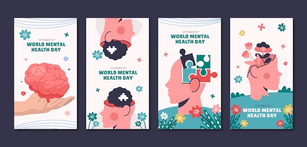 Vector gratuito colección plana de historias de instagram del día mundial de la salud mental