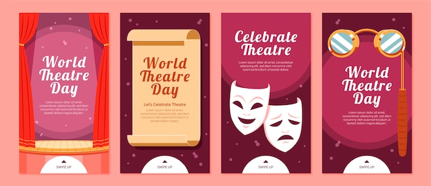 Colección plana de historias de instagram del día mundial del teatro