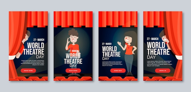 Vector gratuito colección plana de historias de instagram del día mundial del teatro