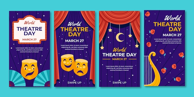 Vector gratuito colección plana de historias de instagram del día mundial del teatro