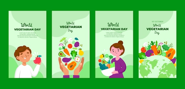 Vector gratuito colección plana de historias de instagram del día mundial del vegetariano