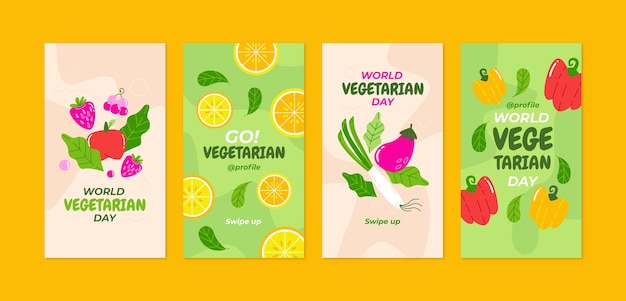 Vector gratuito colección plana de historias de instagram del día mundial del vegetariano