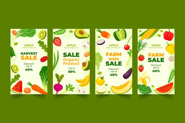 Colección plana de historias de instagram del día mundial del vegetariano