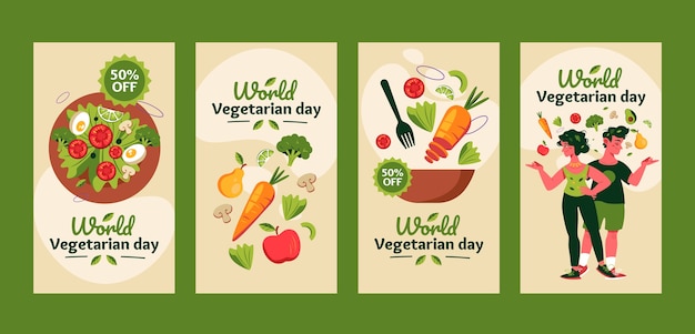 Colección plana de historias de instagram del día mundial del vegetariano