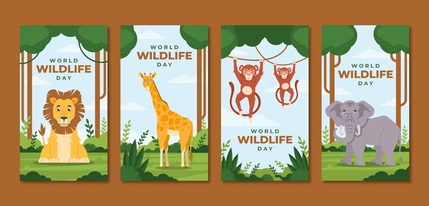Colección plana de historias de instagram del día mundial de la vida silvestre con fauna y flora