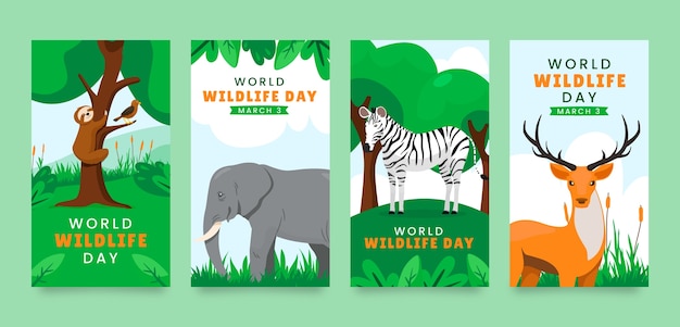 Vector gratuito colección plana de historias de instagram del día mundial de la vida silvestre con fauna y flora