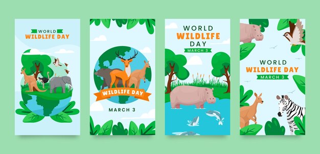 Colección plana de historias de instagram del día mundial de la vida silvestre con fauna y flora